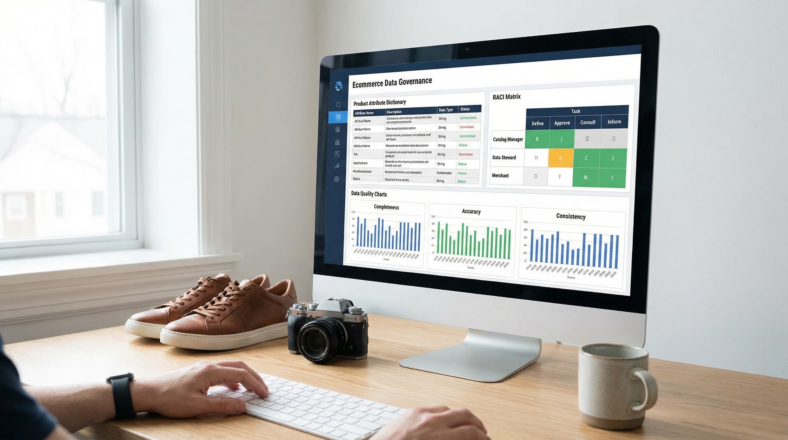 Plantilla de framework de gobernanza de datos de producto eCommerce con un roadmap de 30 días para la gestión de catálogos