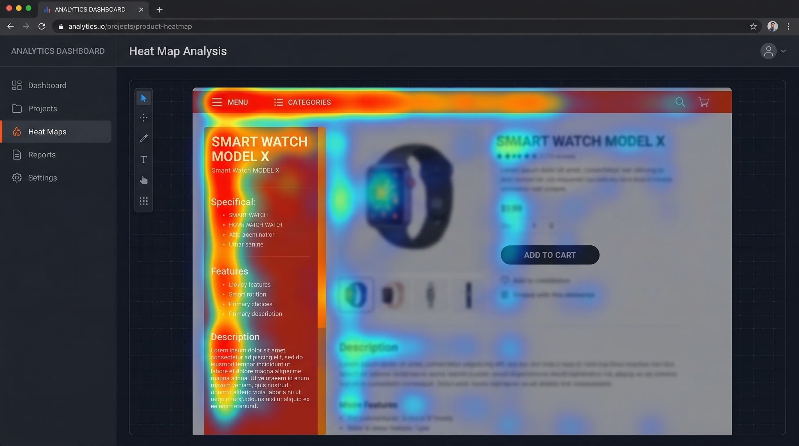 Visual breakdown of a product page using the F pattern layout to highlight key benefits:f_pattern_pdp