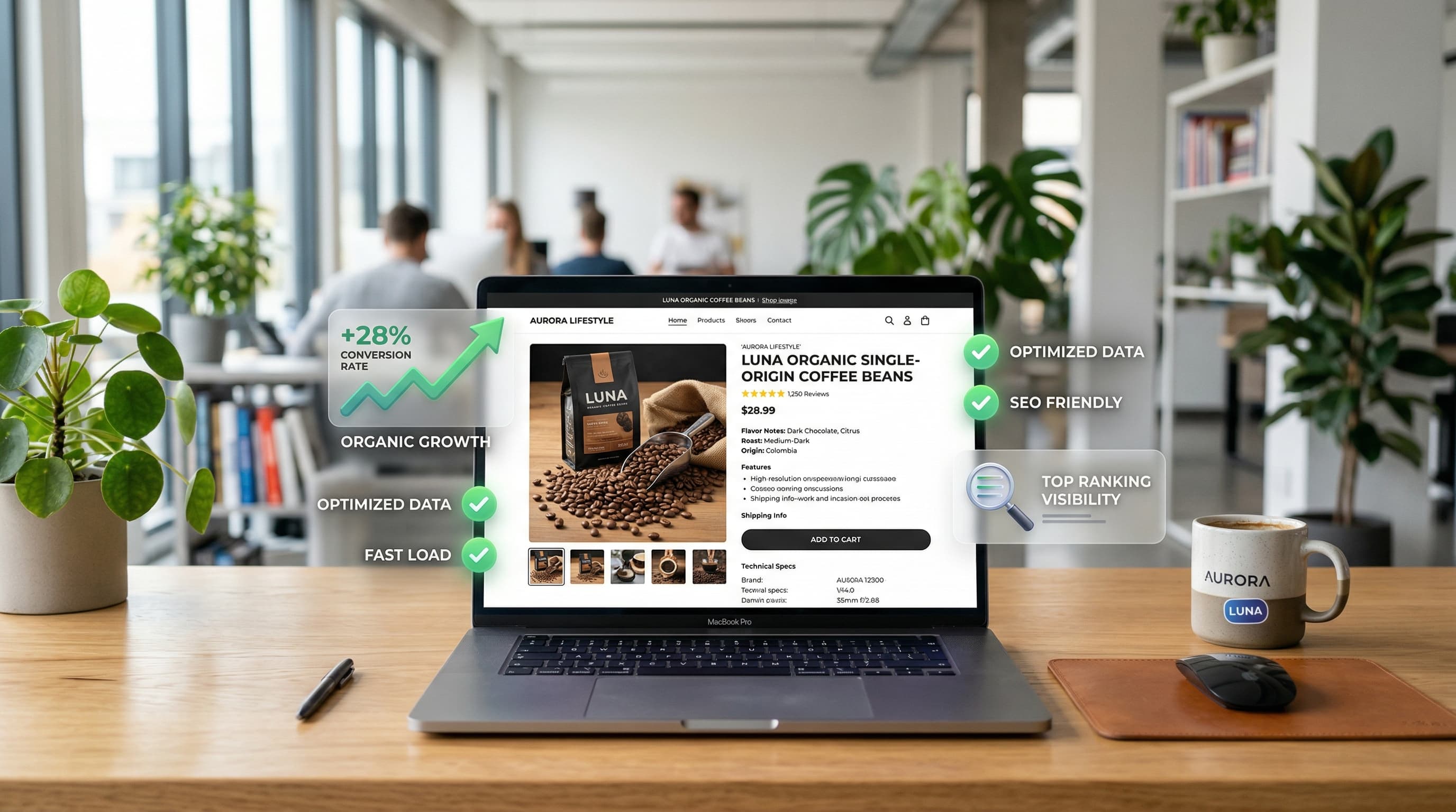 eCommerce product page SEO dashboard showing organic growth, structured data metrics, and conversion rate optimization insights