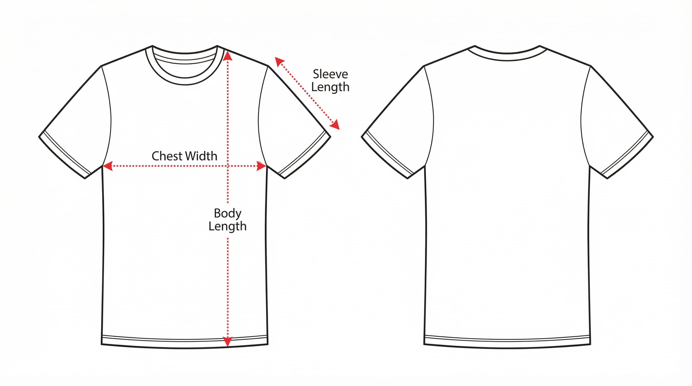 Dibujo técnico de una camiseta mostrando flechas de puntos de medida