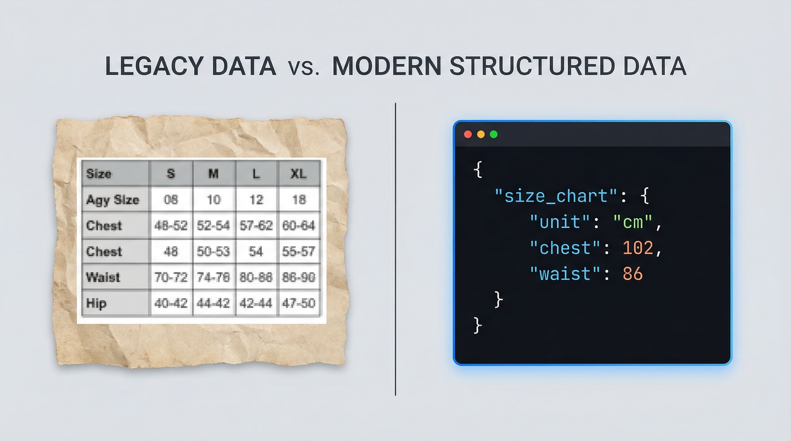 Comparación de una tabla de tallas estática en JPEG frente a claves de datos JSON estructurados