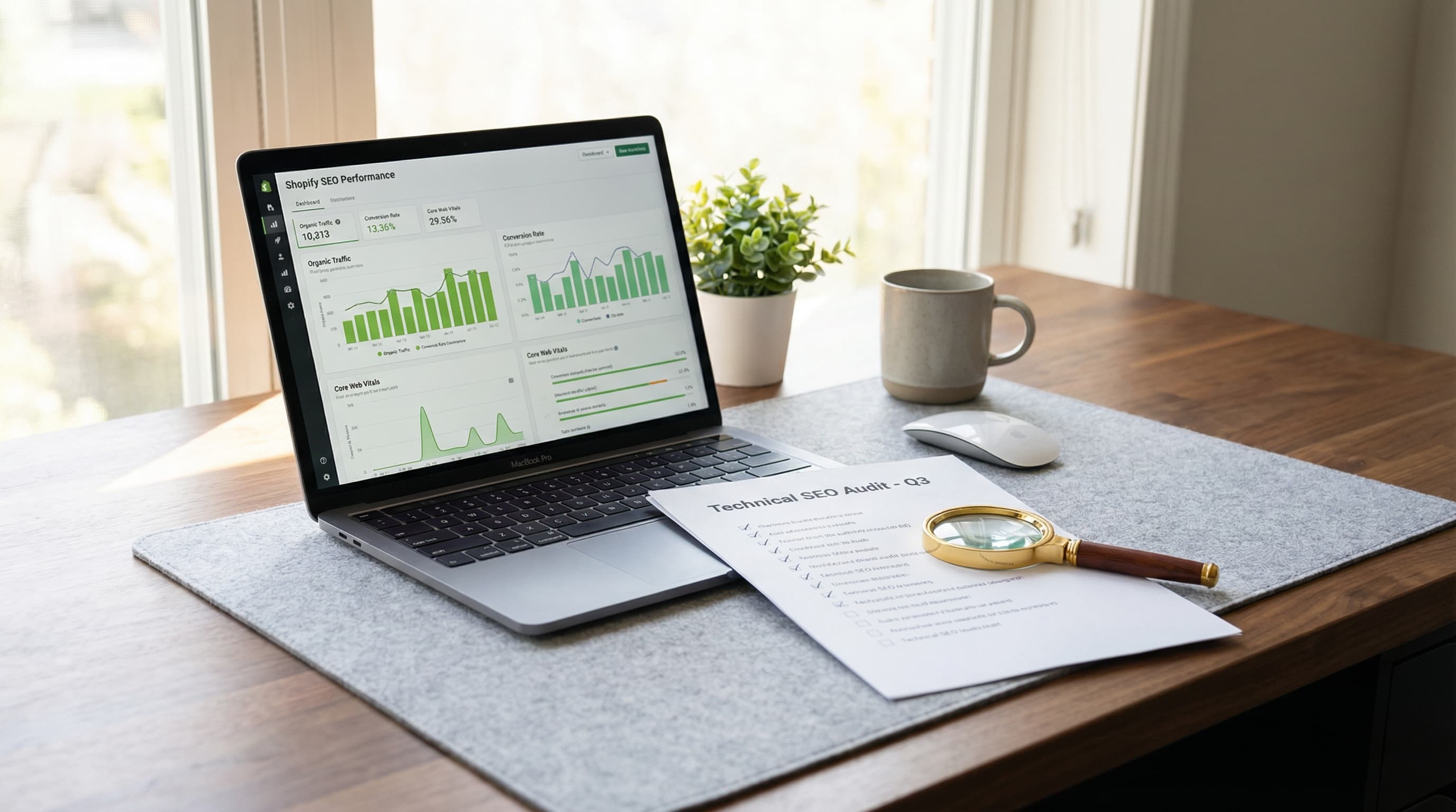 Captura de pantalla de un panel de control de Shopify con métricas de SEO y rendimiento técnico analizadas por una herramienta de auditoría.