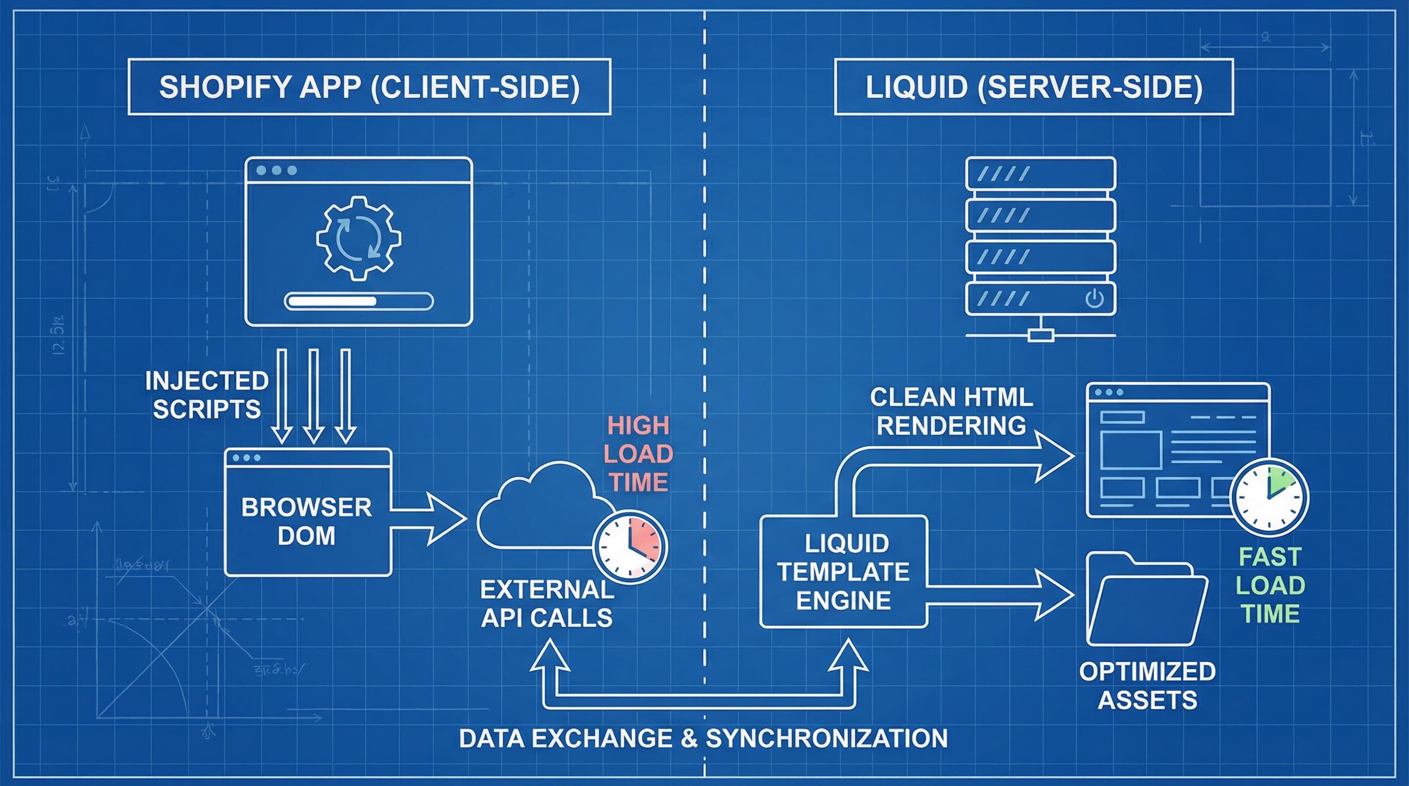 Diagrama comparativo: App SEO vs Liquid en Shopify