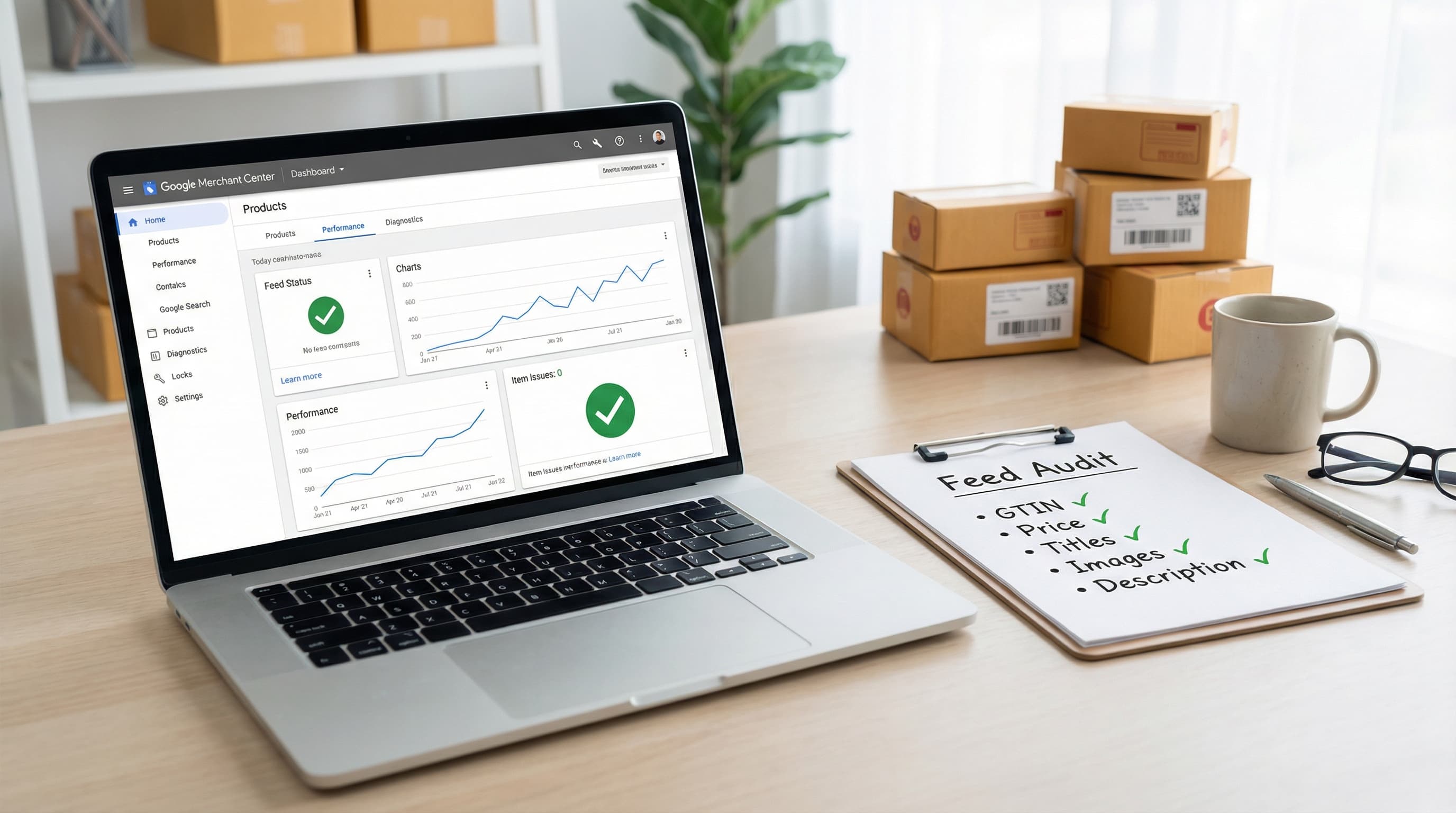 Google Merchant Center dashboard showing diagnostics and product feed optimization errors