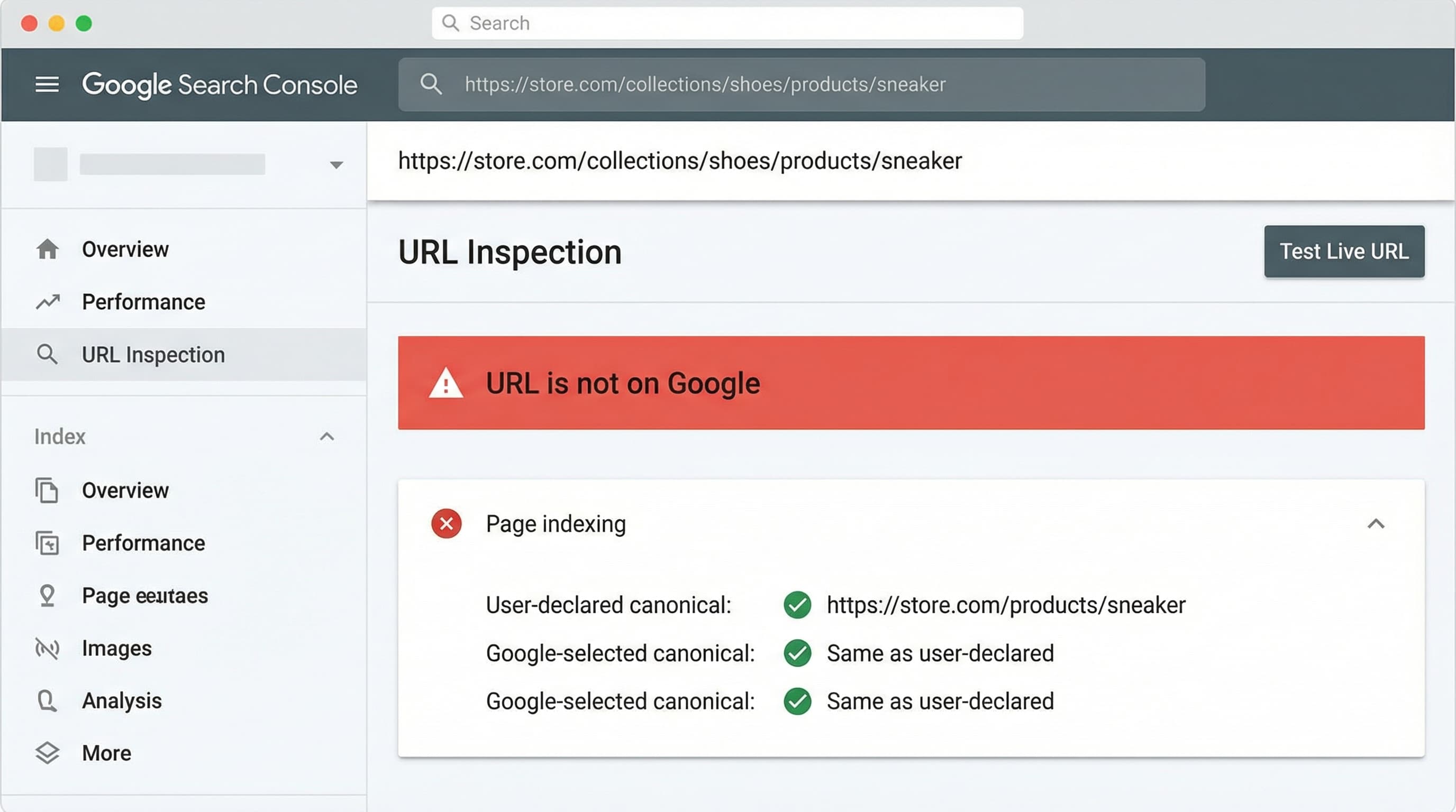 Screenshot simulado de inspección de URL en Search Console validando canonical:img_dawn_test
