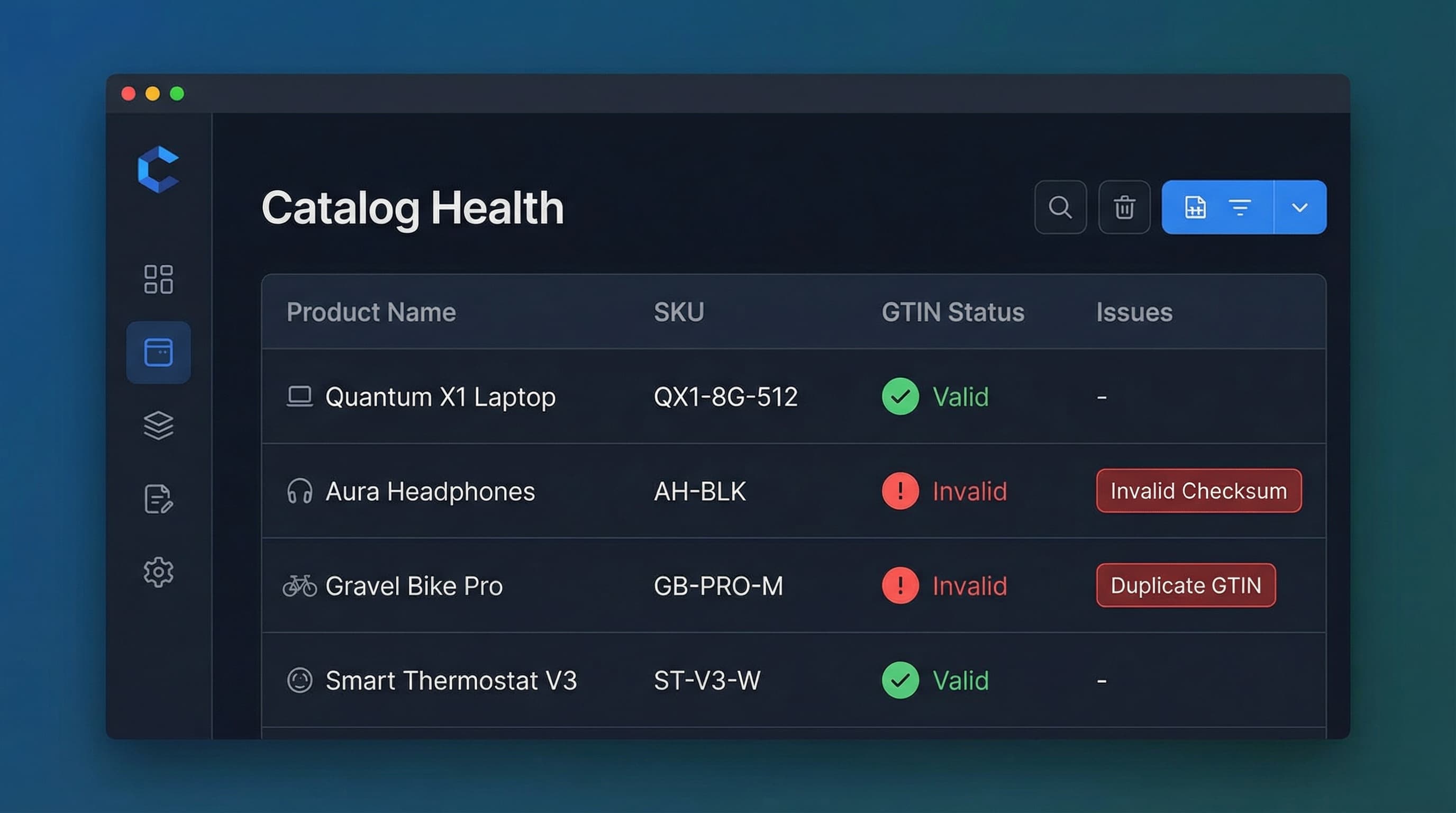Catalog quality audit dashboard showing GTIN errors:audit_dashboard_ui