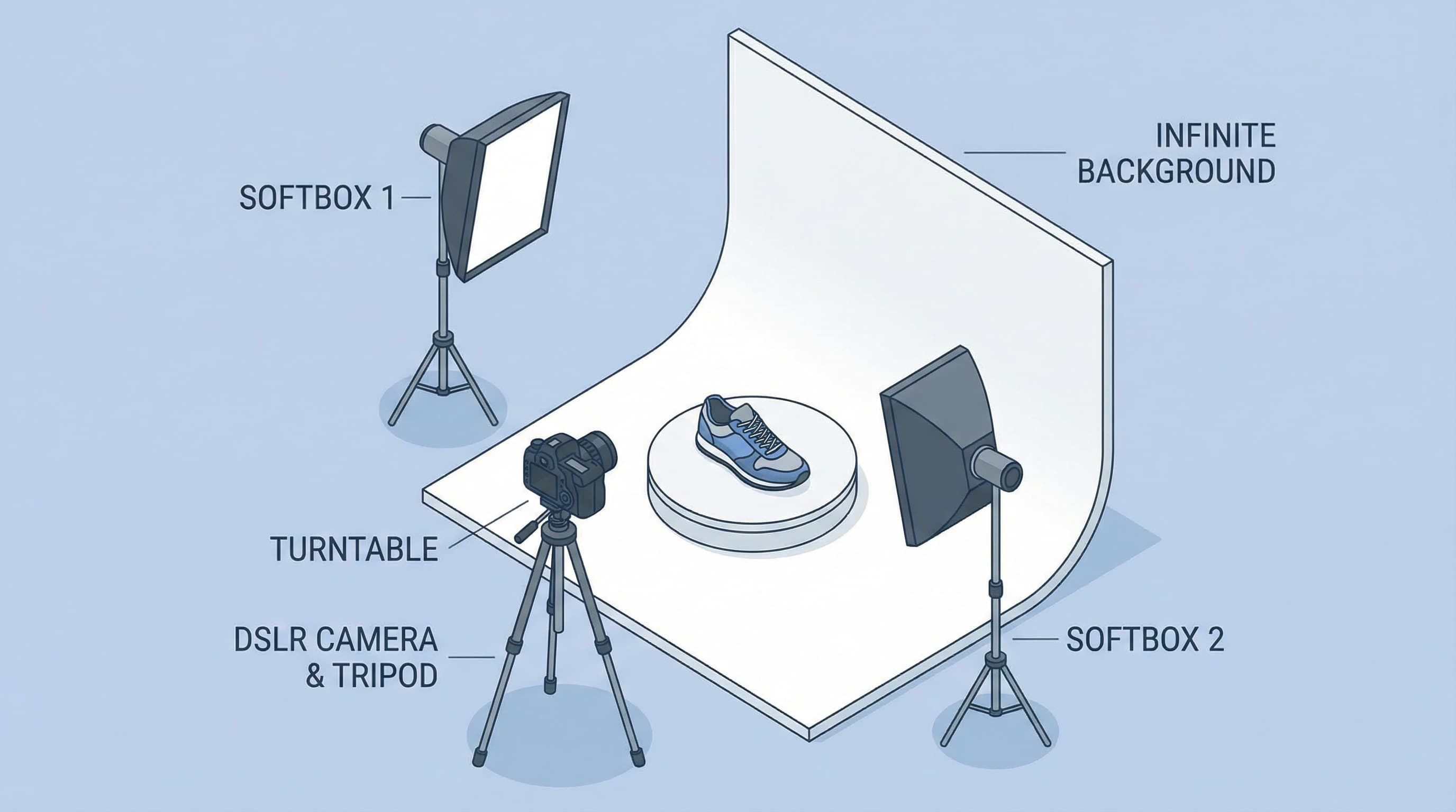 Ilustración técnica de setup de fotografía 360 con turntable