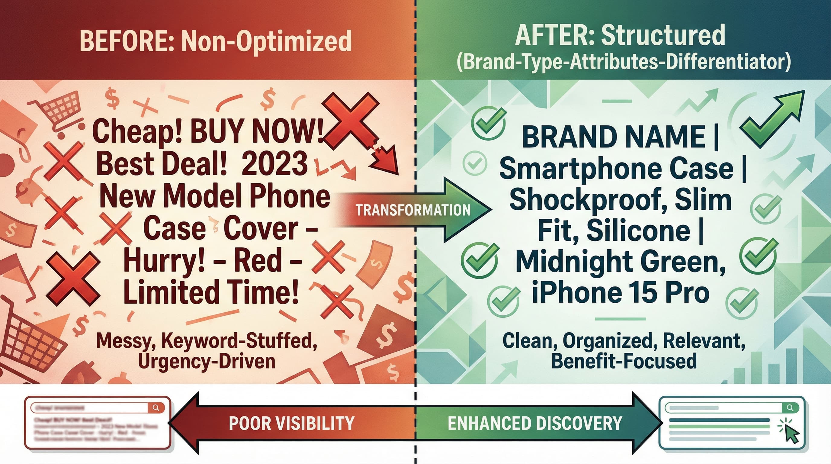 Comparative infographic: title before vs after framework, showing improvements in clarity and keywords.