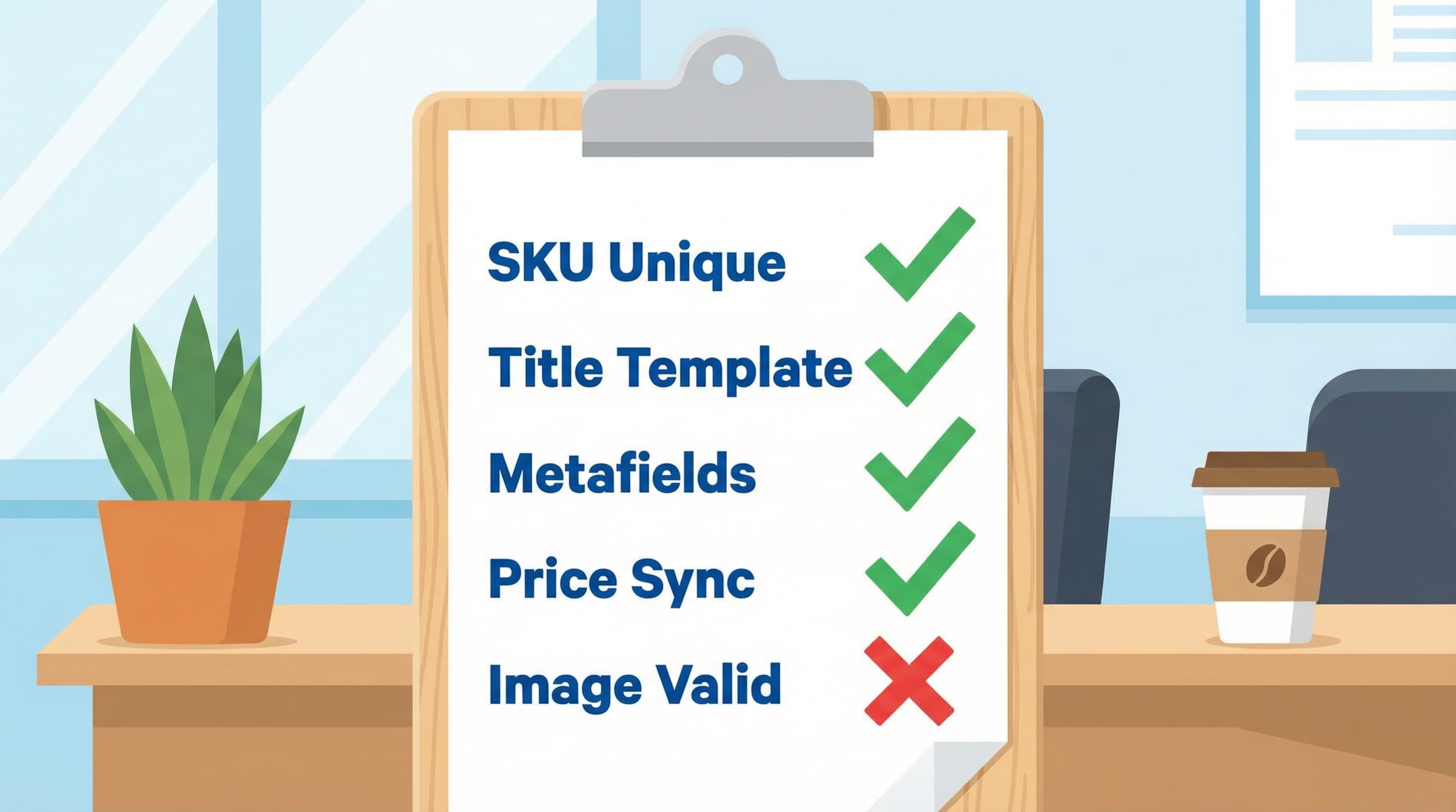 Checklist visual de validación de catálogo antes de sincronizar