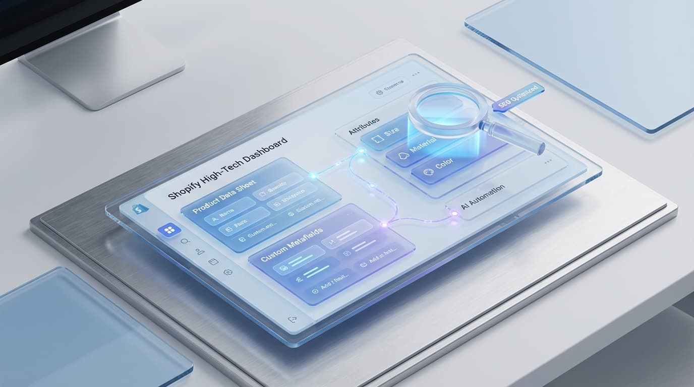 Shopify technical interface showing Metafield configuration and structured product attributes.