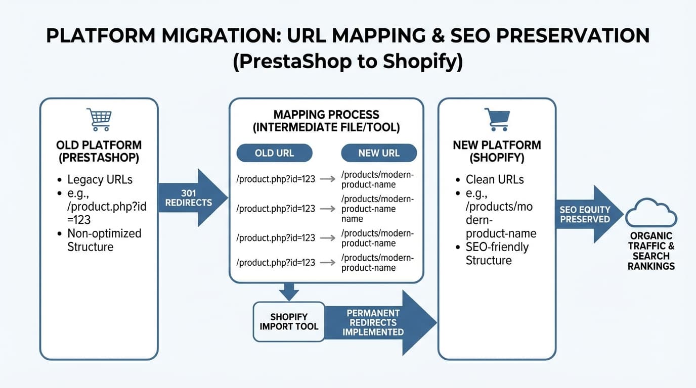 ALT:Infografía del proceso de migración SEO a Shopify