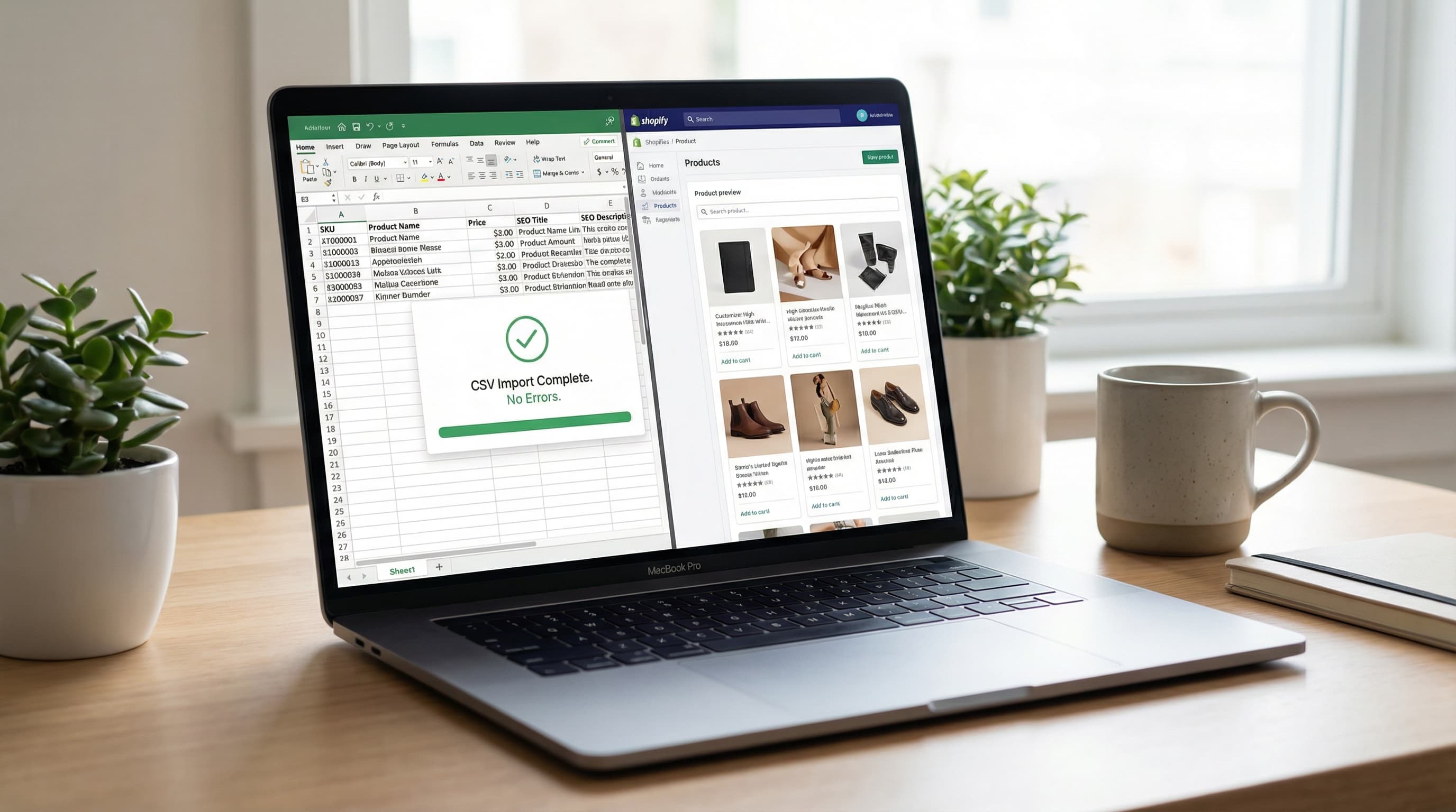 Persona analizando una hoja de cálculo CSV con datos de productos para importar a Shopify en una pantalla de ordenador