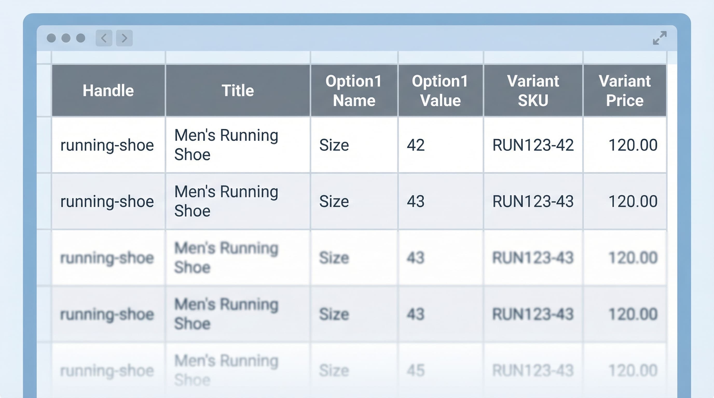 Spreadsheet showing variant mapping columns