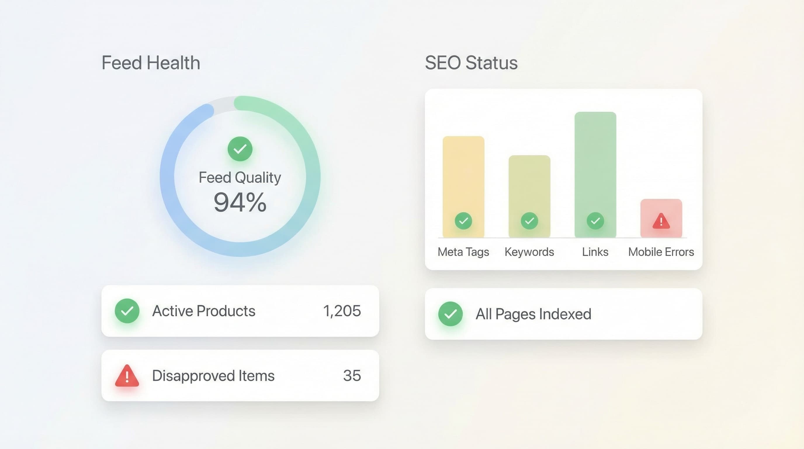 Dashboard de validacion de feeds y estado SEO