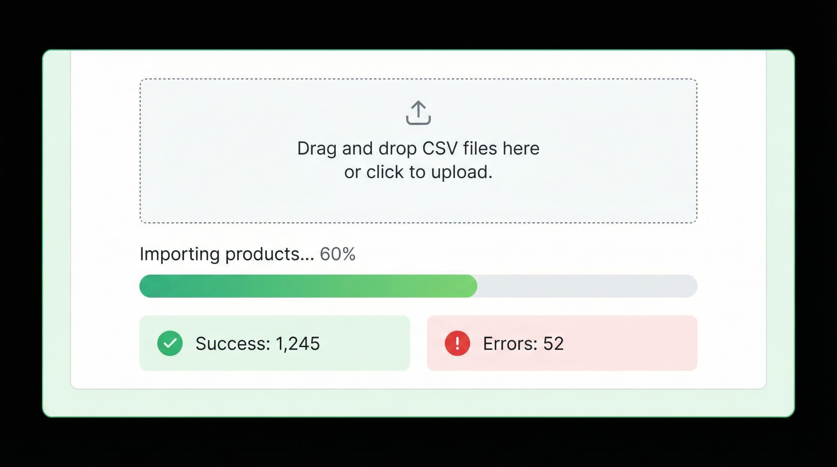 Shopify import panel with progress bar