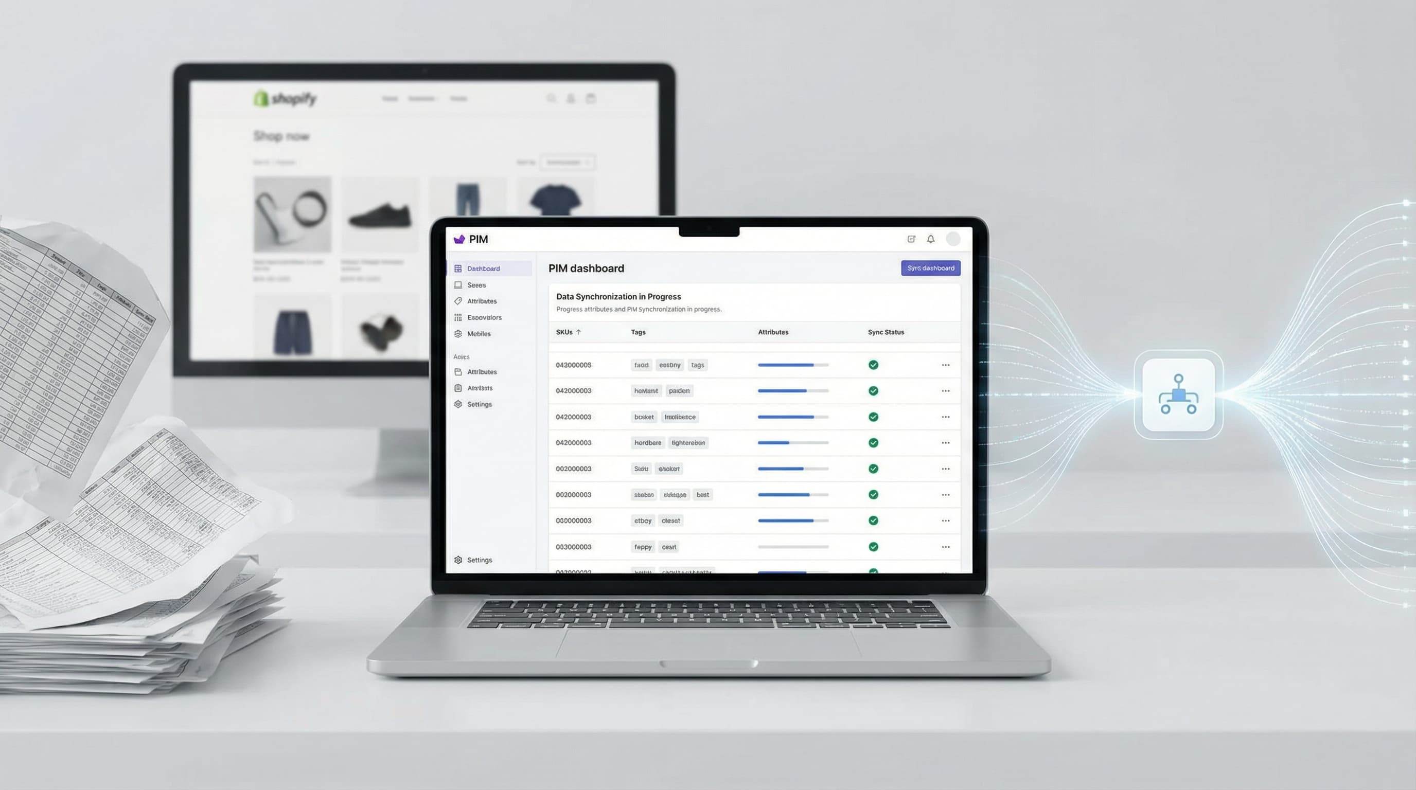 Infografía sobre la implementación de un software PIM ecommerce y su integración con Shopify para la gestión de datos de producto