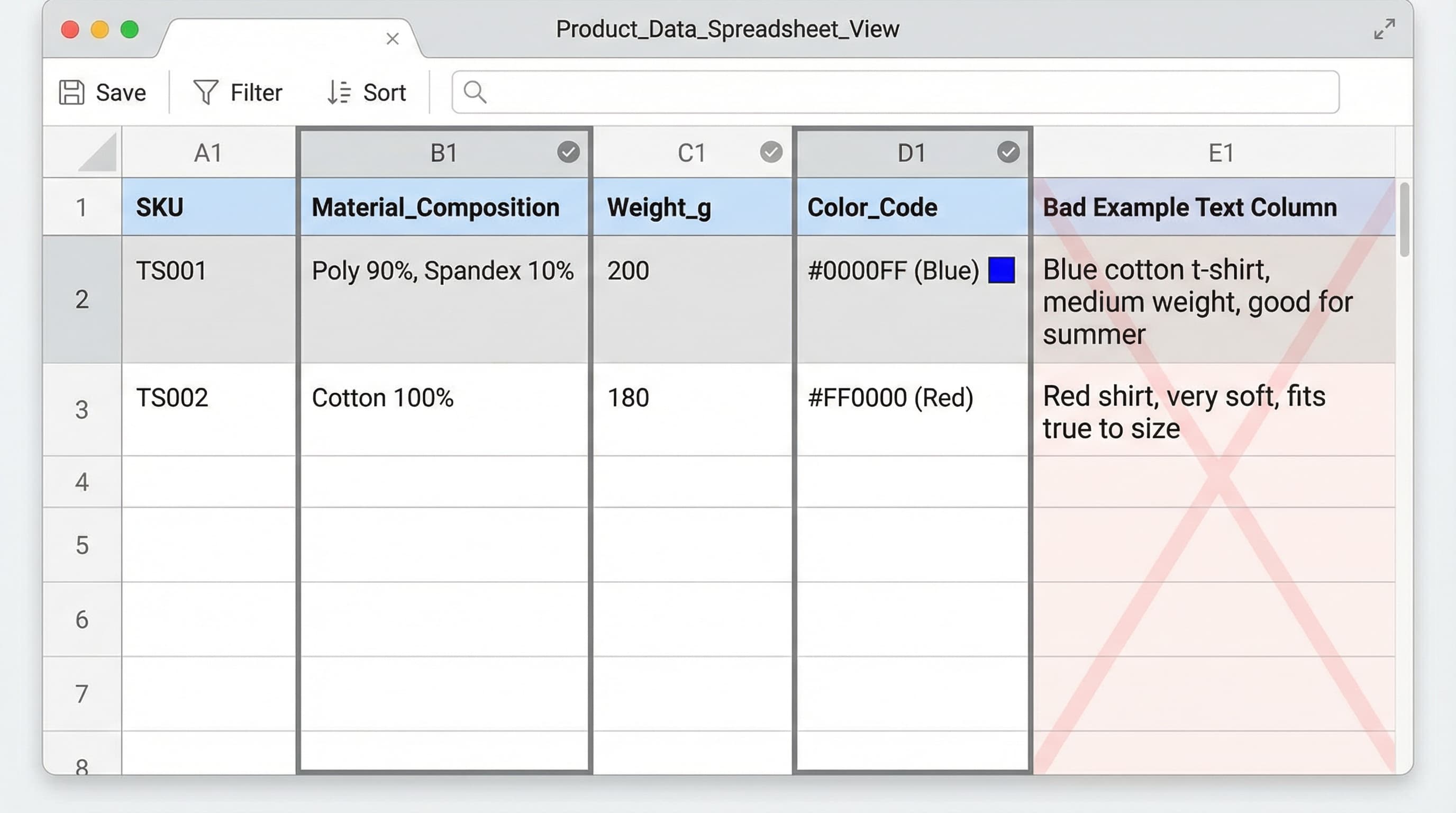 Tabla de excel mostrando atributos técnicos estructurados