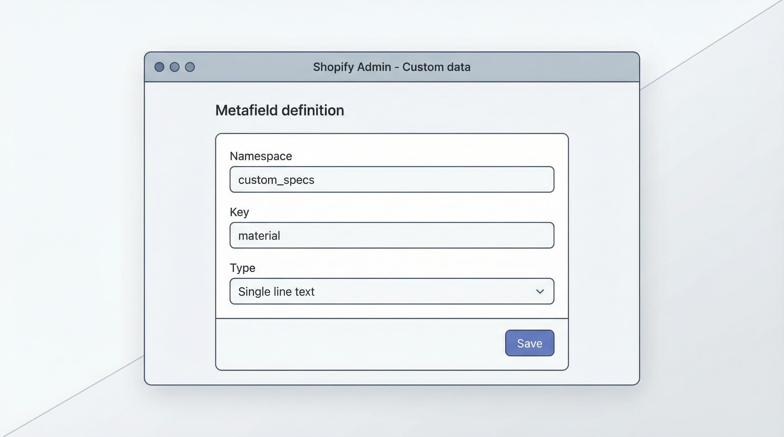 Interfaz de configuración de metafields en Shopify