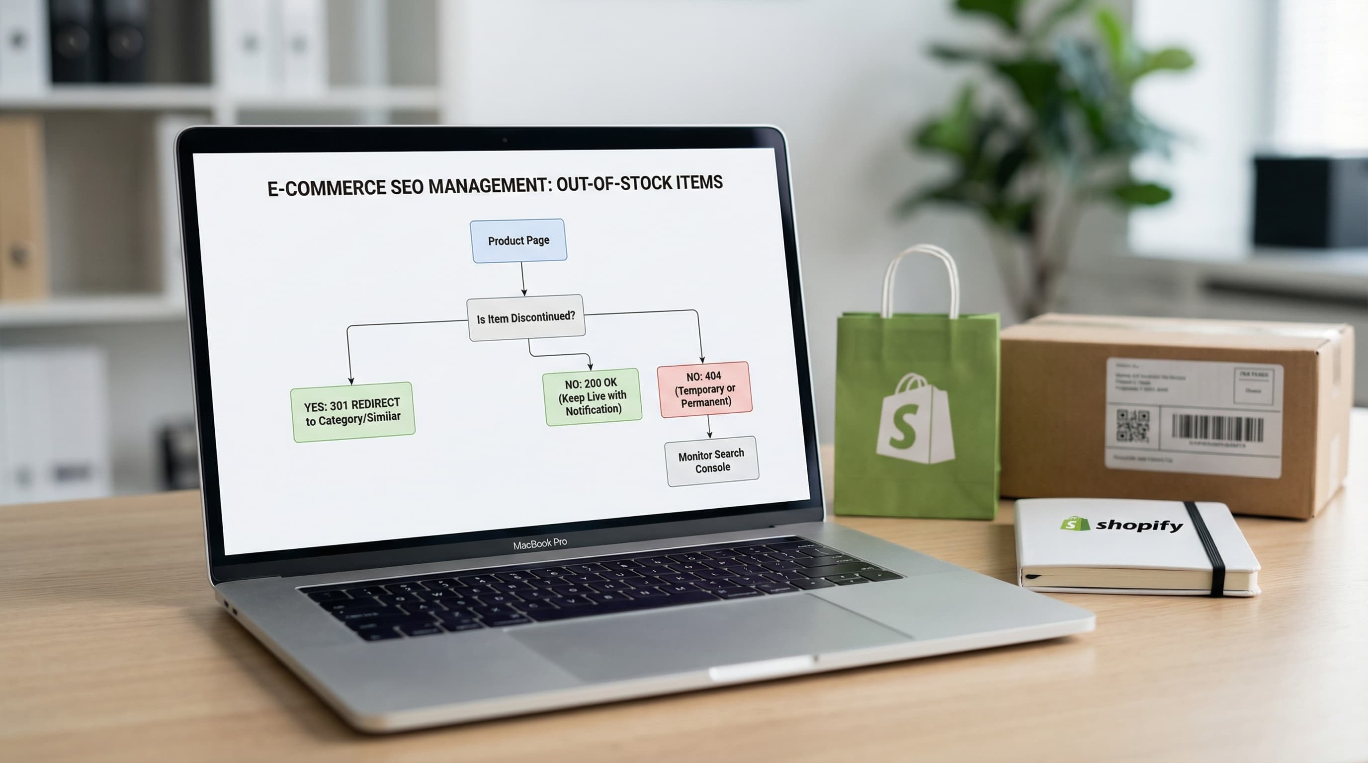 Infografía sobre el árbol de decisión SEO para productos agotados en Shopify y gestión de redirecciones 301.