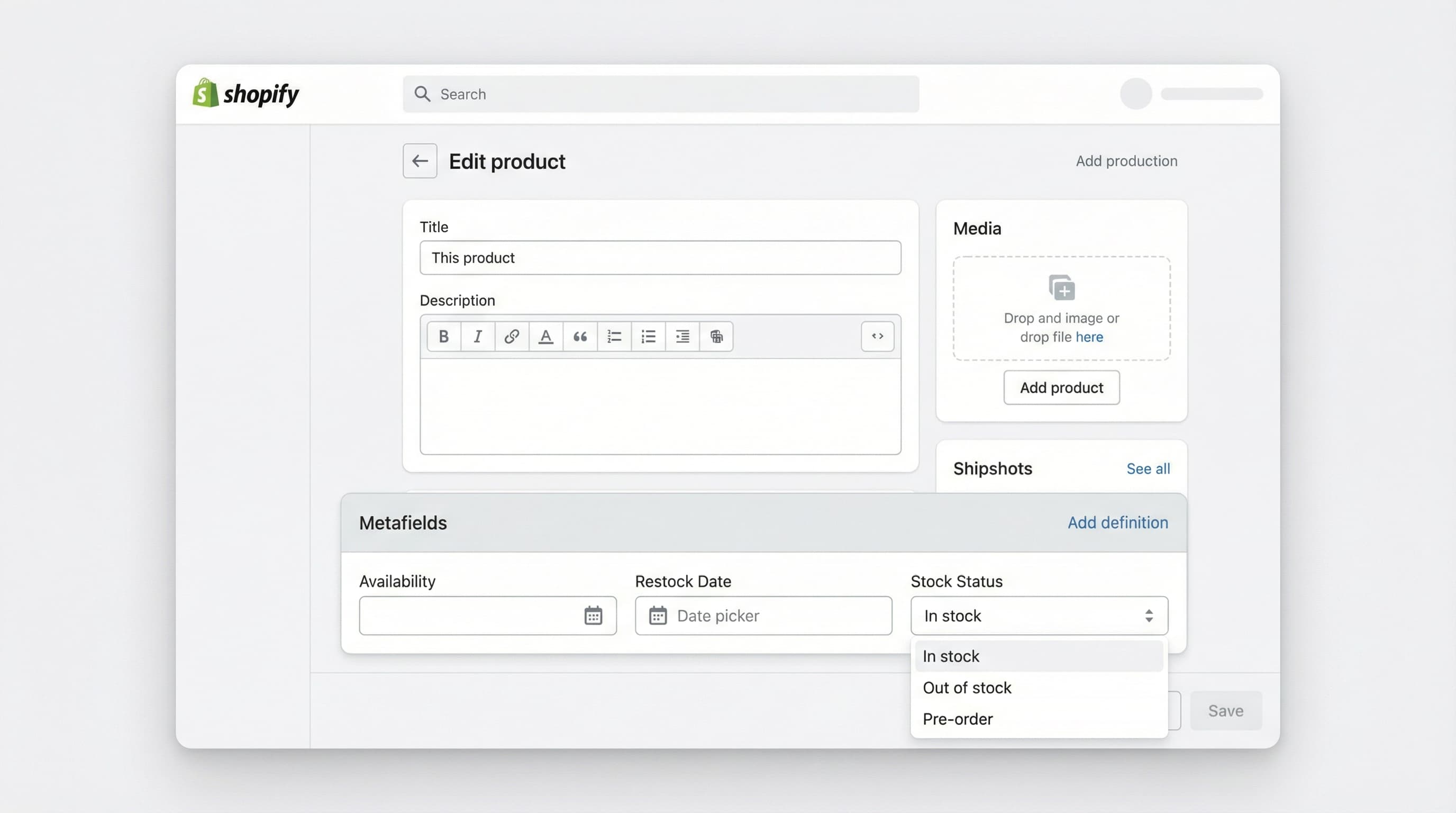 Interfaz de Shopify mostrando configuración de Metafields y estado de stock