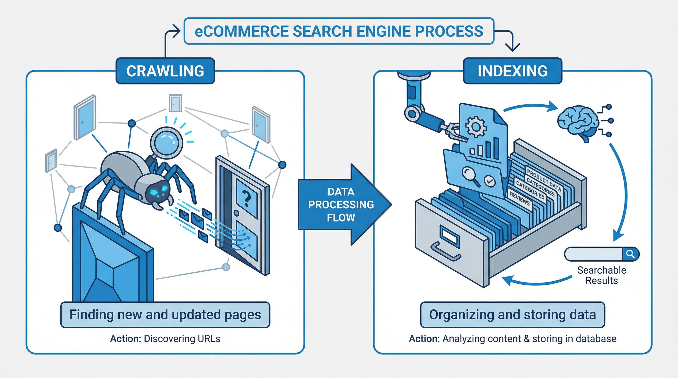 Visual difference between crawling and indexing in ecommerce