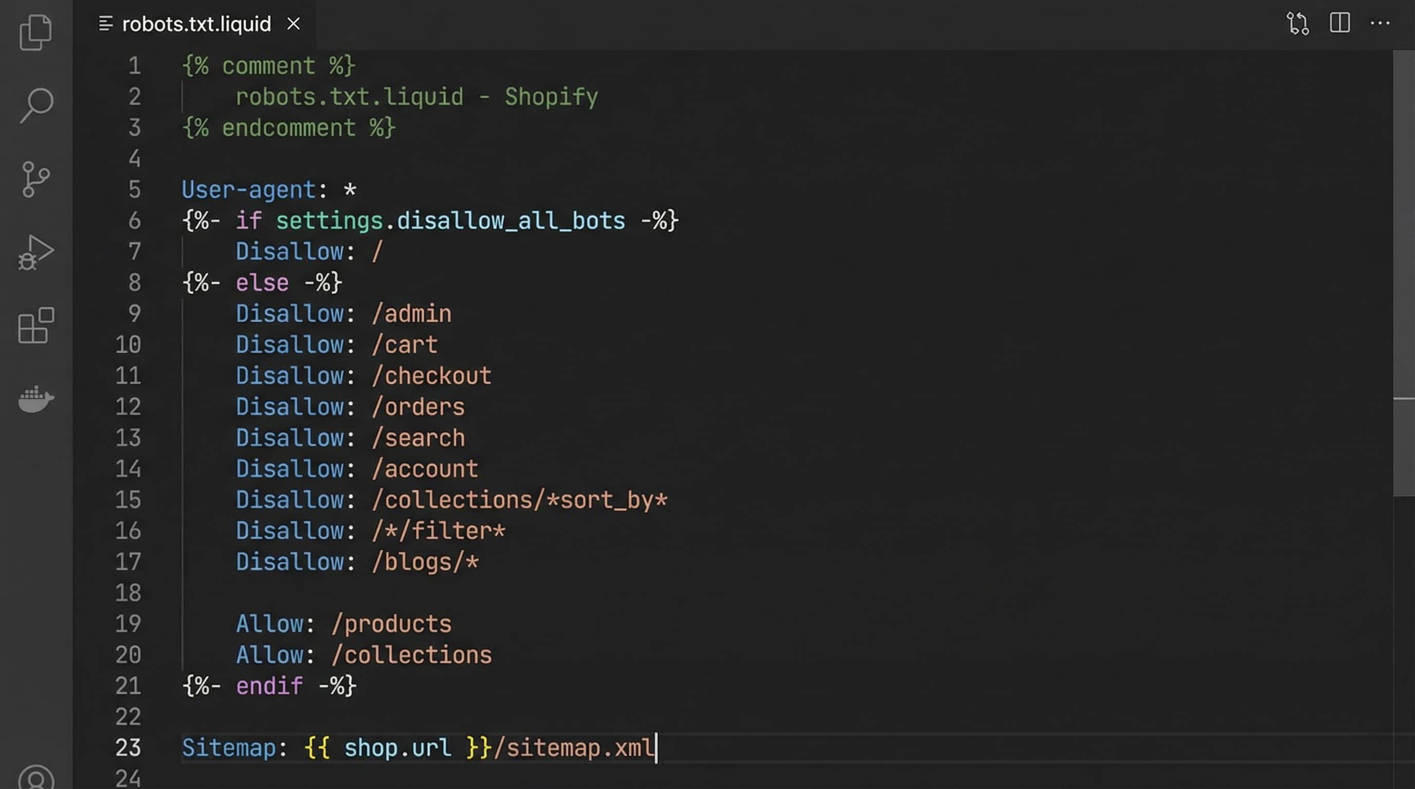 Plantilla de código liquid para robots txt en editor oscuro