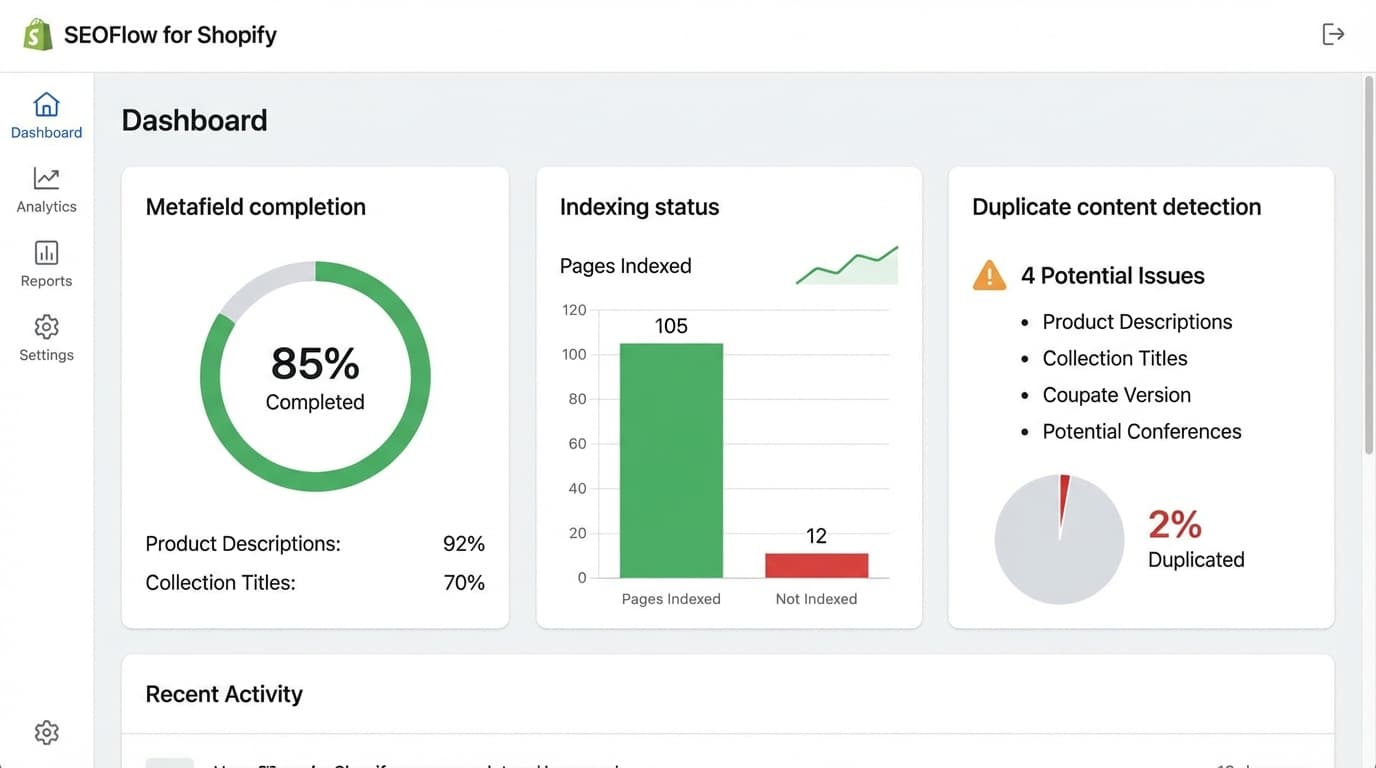 ALT:Dashboard de control de calidad SEO y metadatos en Shopify