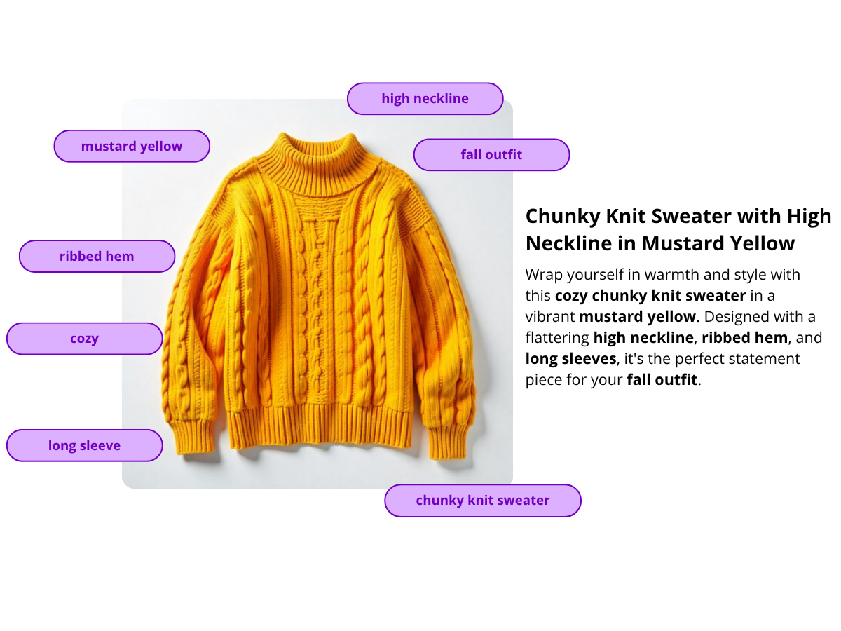 Persuade a tus clientes Imagen de un jersey de punto grueso en color mostaza con cuello alto, mangas largas y dobladillo acanalado, acompañado de etiquetas destacando atributos y una descripción de producto al lado resaltando esos atributos