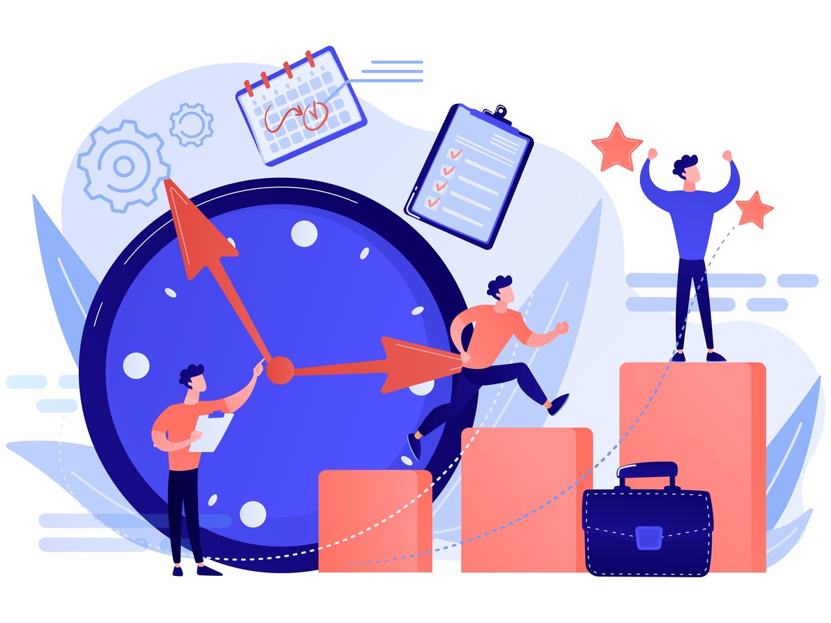 Ahorra tiempo con nuestras herramientas de IA Ilustración conceptual de gestión del tiempo y productividad, con personas interactuando con un gran reloj, subiendo uno escalones hacia el éxito